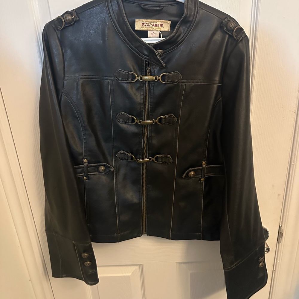 Hydraulic Black Leather Jacket with Buckle Accents